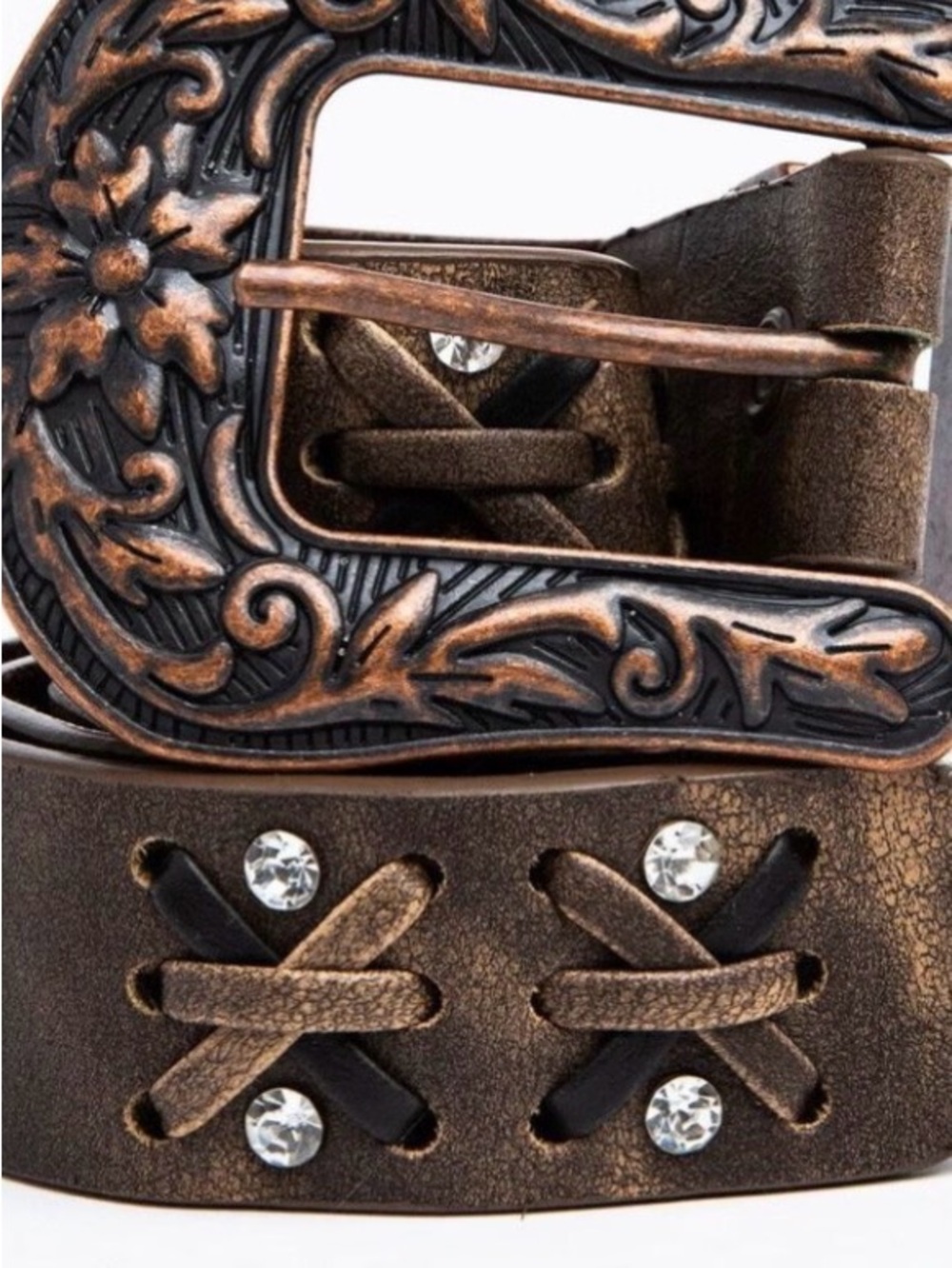 Nomad Brown Western Leather Belt with Decorative Buckle and Crystal Accents. L